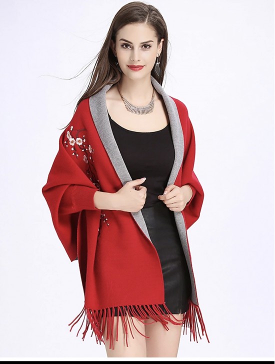 Cashmere Feeling Floral Embroidery Cape W/Sleeves